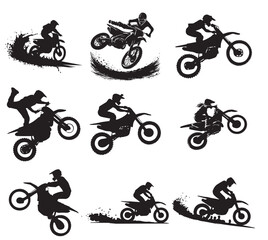 Naklejka premium set silhouette of motorcycle rider performing trick on white background, Hand drawn motorcycle silhouette Set, Freestyle rider motocross set logo designs