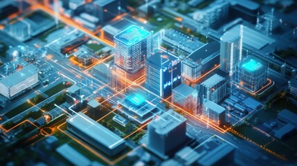 Aerial View of Modern City with Digital Connections and Technology