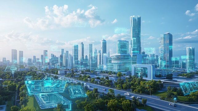 Futuristic Cityscape with Digital Technology and Urban Architecture