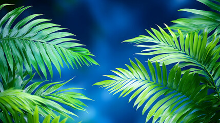 Lush green palm fronds against a vibrant blue backdrop