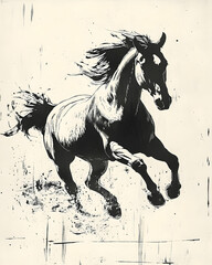 A black horse portrayed midstride with flowing mane and elegant limbs