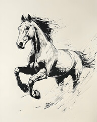 A graceful black and white drawing portrays a running horse beautifully