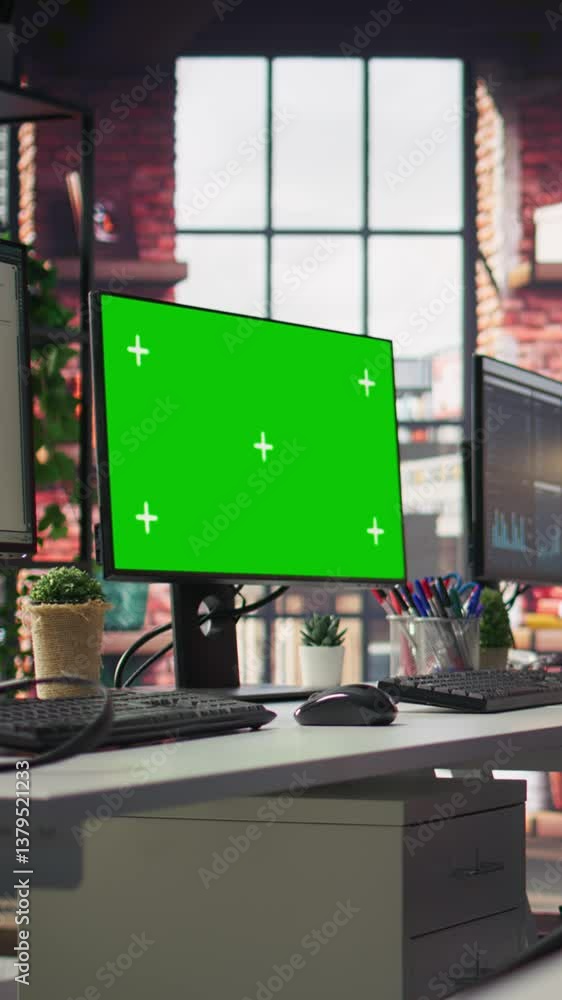 Poster vertical video chroma key computer displays in empty office showing analytics dashboards and data gr