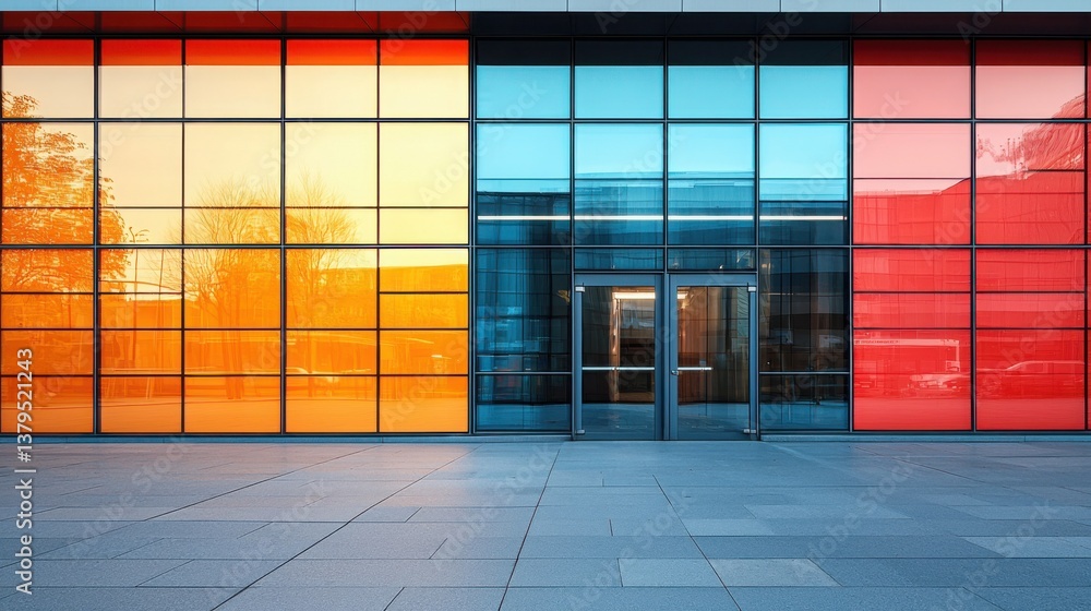 Poster architectural design featuring a building with a red and orange door adding vibrant contrast to the 