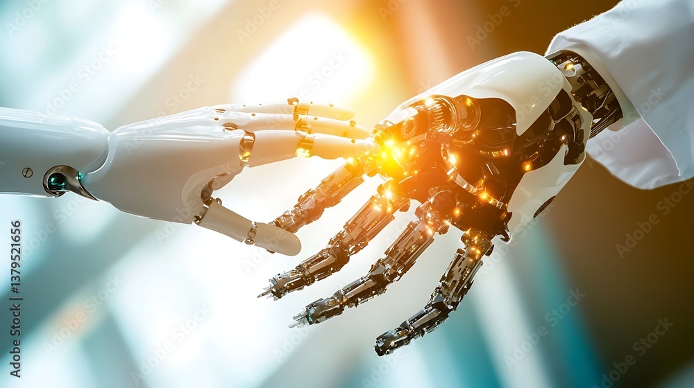 Poster a close-up shot of a robotic hand and a human hand reaching out towards each other, symbolizing the 