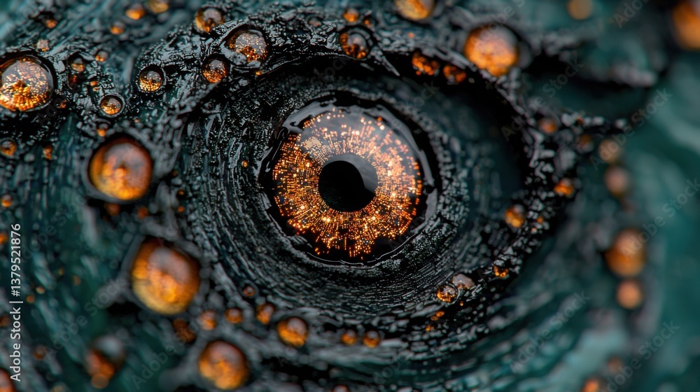 Poster close up of black and orange object highlighting abstract design features and textures in modern art