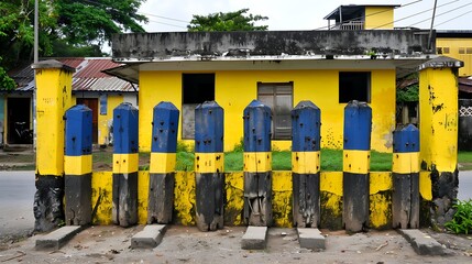 Painted wooden posts in front of a yellow building structure