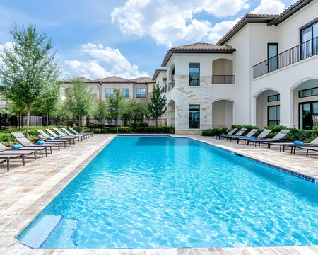 Luxurious apartment complex pool and patio area with lounge chairs under a partly cloudy sky