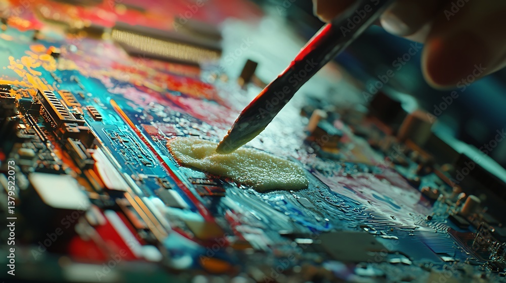 Poster close-up of a hand applying solder on a colorful circuit board, featuring intricate details and vibr