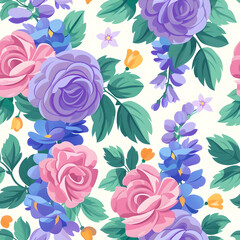 A vibrant floral pattern featuring roses and other flowers in various colors.