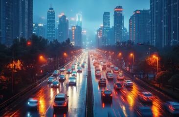 Obraz premium Rainy Night Cityscape: Elevated View of Traffic and Skyline
