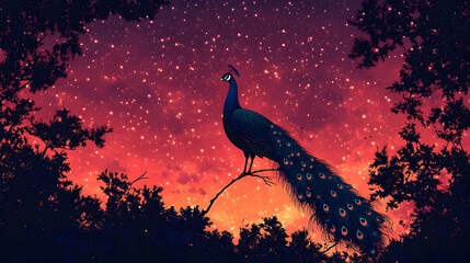 A majestic peacock perched gracefully in front of a starry night
