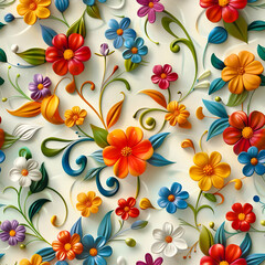 A vibrant floral pattern featuring various colorful flowers and leaves.