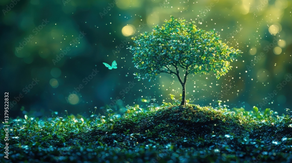 Poster close-up of a tree with a butterfly flying around it symbolizing nature and ai dashboard measuring e