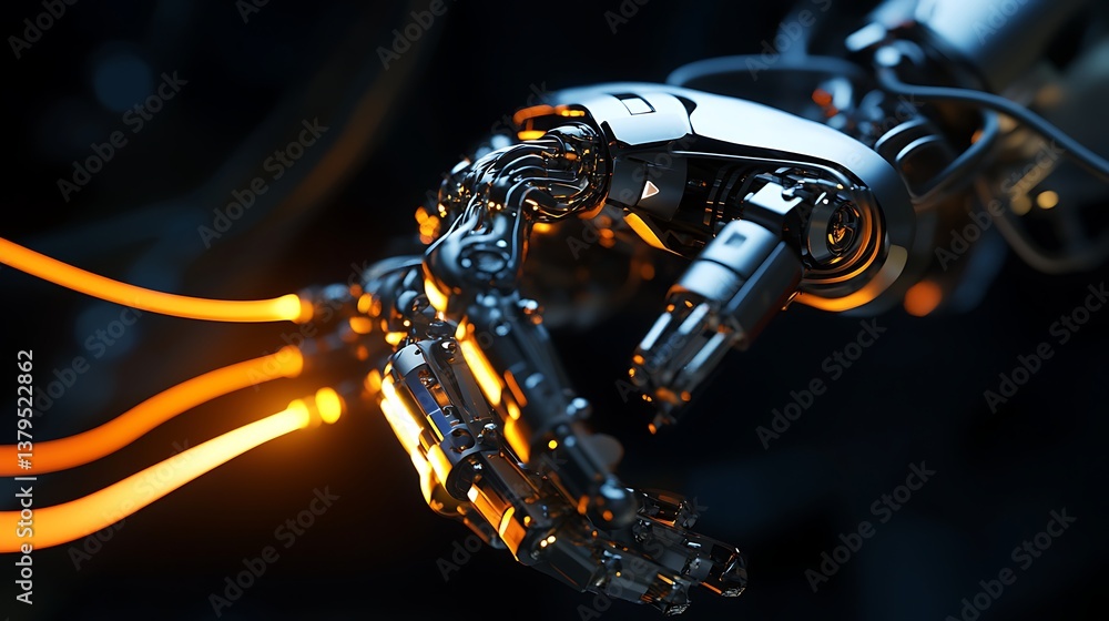 Poster close-up view of a robotic hand with intricate circuits and glowing wires showcasing advanced techno