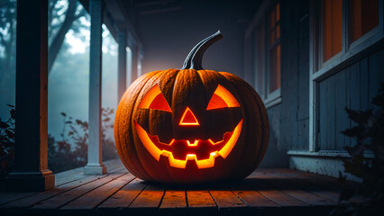 Obraz premium Halloween pumpkin glowing on wooden porch with eerie misty atmosphere at night