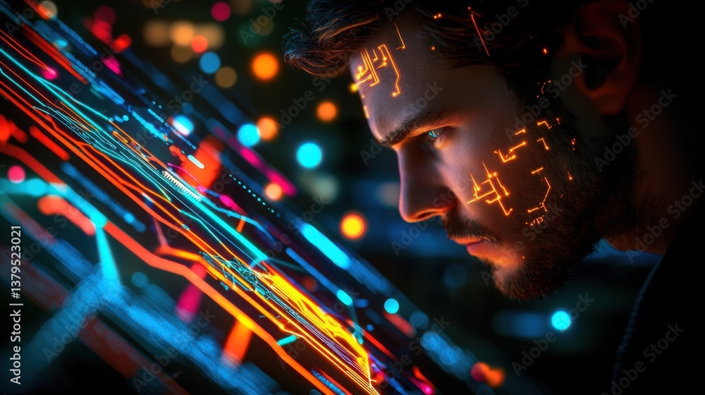 Poster focused man analyzing data on computer screen representing artificial intelligence and technology in