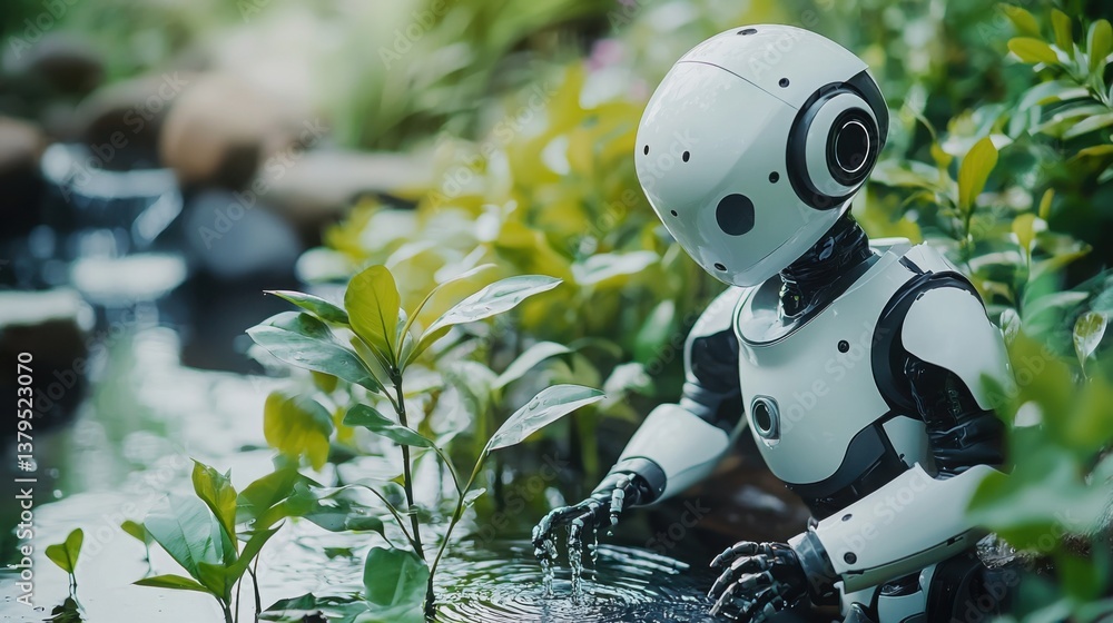 Poster advanced robot monitoring water efficiency while submerged in a body of water reflecting a sustainab