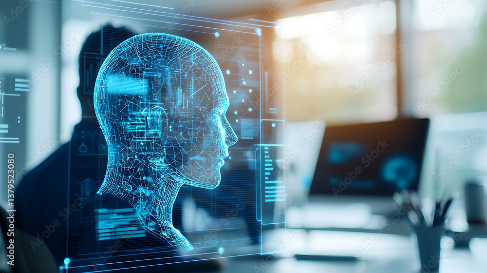 Poster exploring ai technology virtual head model modern office 3d visualization futuristic environment sid