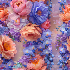 A vibrant floral pattern featuring various colorful flowers on a soft background.