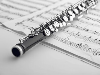 Elegant clarinet on sheet music studio setup high-resolution photography artistic environment close-up view
