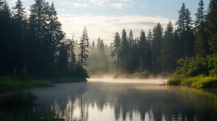 Fog Rolling Over Calm Lake Surrounded by Evergreen Trees