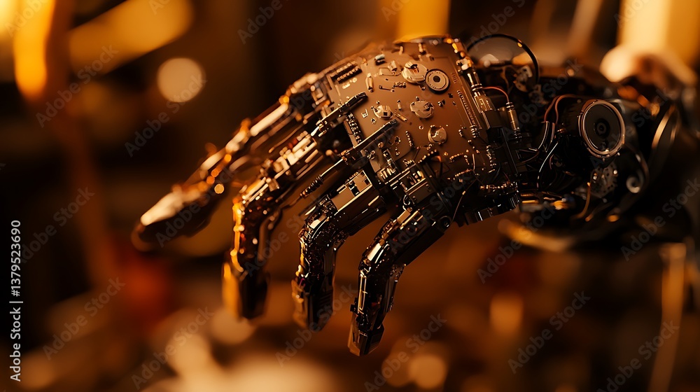 Poster a close-up view of a robotic hand with intricate mechanical details and glowing elements, surrounded