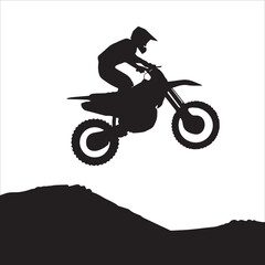silhouette of motorcycle rider performing trick on white background, Motocross Silhouette Vector stock illustrator, Silhouette of a motocross rider doing a freestyle stunt in the air Vector