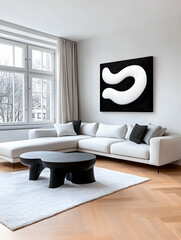 Modern living room with white sectional sofa, black coffee table, and abstract artwork