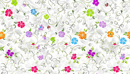 A vibrant floral pattern with colorful flowers and swirling vines on a white background.