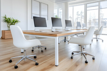 Fototapeta premium Modern office with light wood table, white chairs, and computers by large windows
