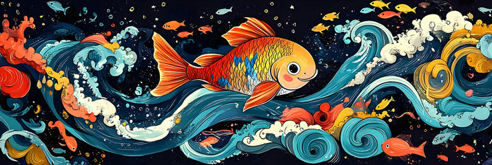 A colorful illustration depicts a cheerful fish swimming in the ocean waves