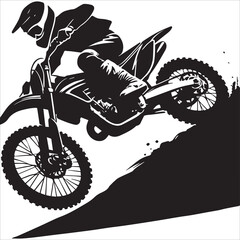 silhouette of motorcycle rider performing trick on white background, Motocross Silhouette Vector stock illustrator, Silhouette of a motocross rider doing a freestyle stunt in the air Vector