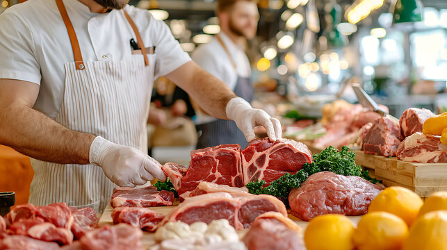 Butcher preparing fresh meat cuts at a market culinary display vibrant environment close-up view food quality