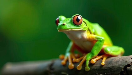 Green tree frog perched on white, vibrant skin, photography, graphic