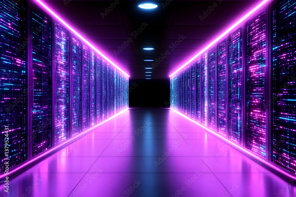 Poster neon-lit server room corridor with data streams displayed on racks