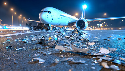 Nighttime airplane crash scene; debris scattered across runway