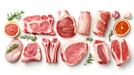 Culinary meat display butcher shop food photography bright studio overhead view fresh cuts and quality meats