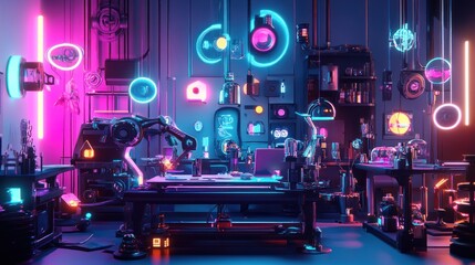 Neon Cyberpunk Laboratory: A Futuristic Tech Workshop