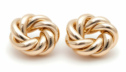 Naklejka premium Pair of gold twisted knot earrings on white background