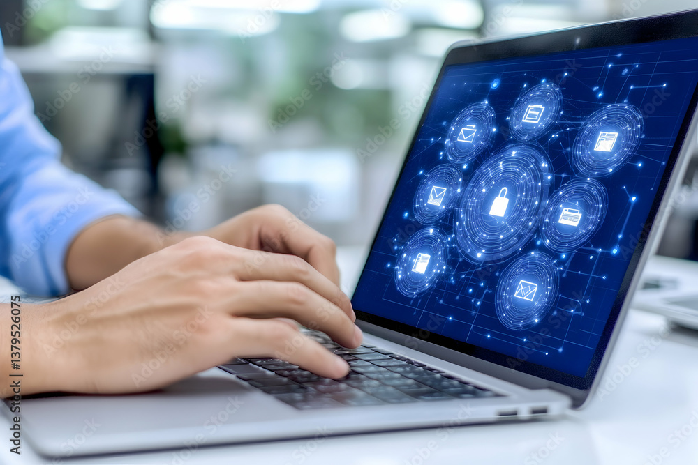 Aufkleber person using laptop displaying digital security interface