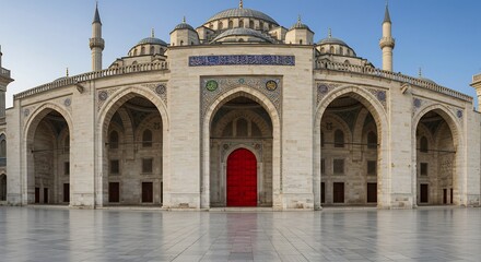 Obraz premium 輝く白いモスク、対称的な構図、朝の光が美しく照らす