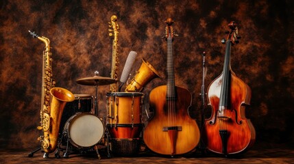 Studio jazz instruments still life, dark background