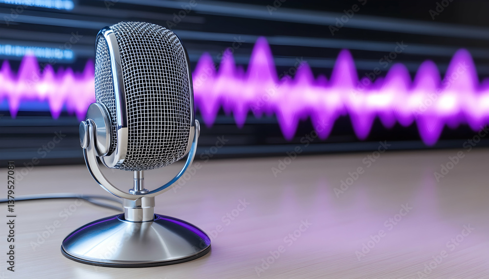 Poster retro microphone on desk with audio waveform background