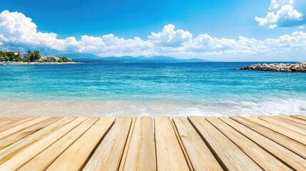 Fototapeta premium Sunny beach boardwalk, turquoise ocean, coastal town background; summer vacation travel