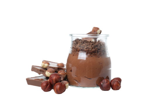 PNG, chocolate mousse in a jar, isolated on white background. - Powered by Adobe