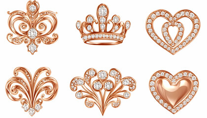 Rose gold jewelry designs with diamonds crowns, hearts, and floral motifs