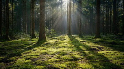 Obraz premium Sunlight filtering through trees in a serene and mossy forest glade
