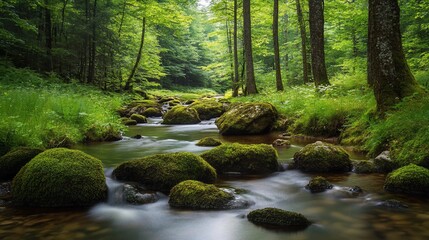 Obraz premium Enchanting stream meandering through a vibrant green forest landscape
