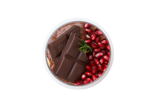 PNG, chocolate mousse in a glass with a pomegranate, isolated on a white background. - Powered by Adobe